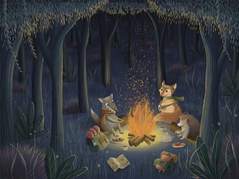 Animals In The Woods, Campfire Drawing, Illustration Of Animals, Camping Illustration, Wood Illustration, 동화 삽화, Illustration Art Kids, Children Book Illustration, Picture Books Illustration