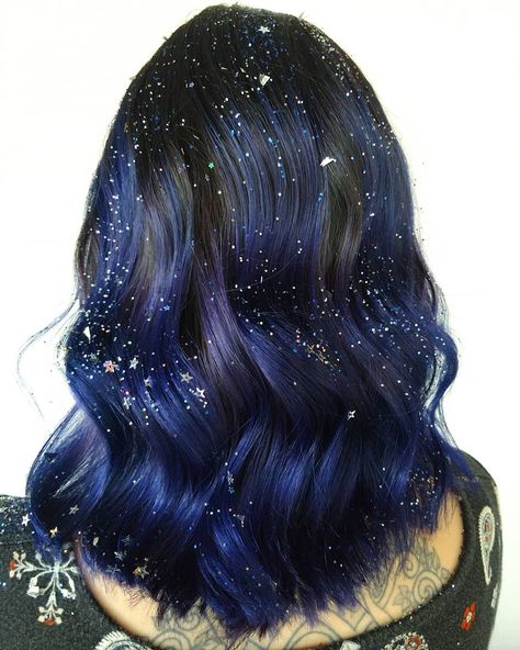 Starry Night Hairstyle, Night Sky Hair Color, Starry Night Hair, Starry Hair, Galaxy Hair Color, Star Witch, Midnight Blue Hair, Celestial Hair, Space Hair