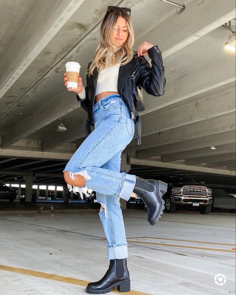 Fall outfit inspo, leather jacket, black boots, Abercrombie jeans, Steve Madden, turtle neck from zoeyandopal.com Sz small in the jacket, 25 in jeans (size down 1 sz) shoes TTS Follow my shop @kristinendalton on the @shop.LTK app to shop this post and get my exclusive app-only content! #liketkit #LTKSeasonal #LTKshoecrush #LTKHoliday @shop.ltk http://liketk.it/3r9aO Dress And Combat Boots Outfit, Steve Madden Boots Outfit, Black Booties Outfit, Chunky Boots Outfit, Jeans Boots Outfit, Black Leather Jacket Outfit, Fall Boots Outfit, Black Boots Outfit, Booties Outfit