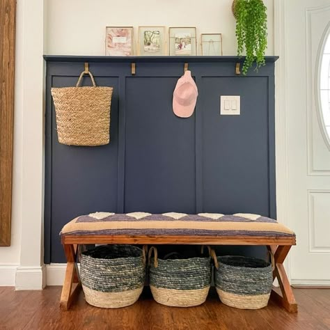 Painted Board And Batten Entryway, Board And Batten Mudroom Wall With Hooks, Paneling In Entryway, Slate Blue Board And Batten, Small Space Board And Batten, Borden Batten Accent Wall, Panelling Coat Rack, Board And Batten Entry Wall With Hooks, Diy Board And Batten Entryway