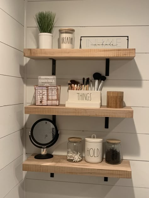 Paper Storage Wall, Shelves In Bathroom, Bathroom Decor Farmhouse, Small Wall Shelf, Shelves Over Toilet, Dorm Style, Toilet Room Decor, Bathroom Counter Decor, Bathroom Shelf Decor