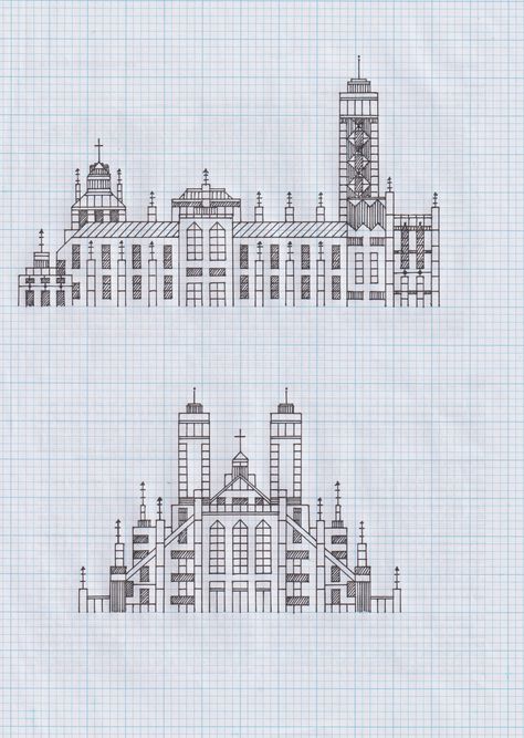 Building Structure Drawing, Gothic Architecture Drawing Easy, Draw On Graph Paper, Graph Paper Art Design, Drawing On Graph Paper, Stone Structures, Armband Tattoos, Graph Paper Designs, Graph Paper Drawings