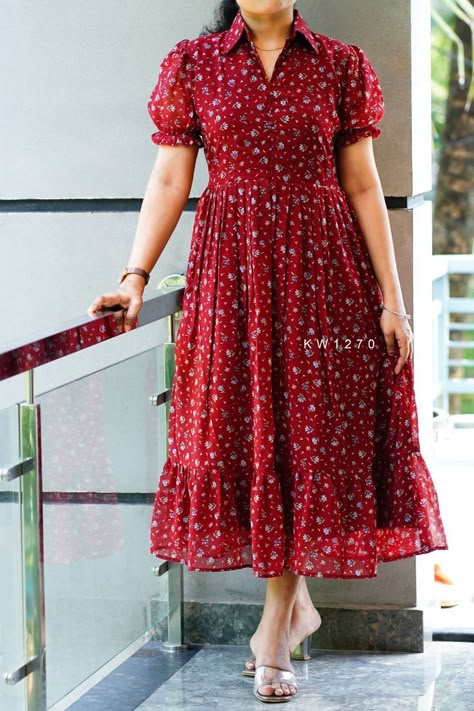 Long Frocks With Collar Neck, Nee Length Frock, Collar Neck Gown Designs, Frock Models Short, Womens Frocks Dresses, Collar Neck Long Frock Designs, Collar Frock Designs, Georgette Midi Dress, New Western Dress Designs