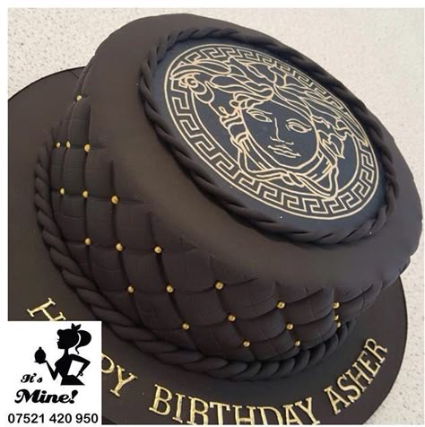 Luxurious black quilted Versace birthday cake by It's Mine Cakes Luxury Cake Birthday, Brand Cakes For Men, Versace Themed Birthday Party, Luxury Cake For Men, Versace Birthday Cake, Happy New Year Cake Design, Versace Cake For Men, Lv Cake For Men, Rolex Birthday Cake