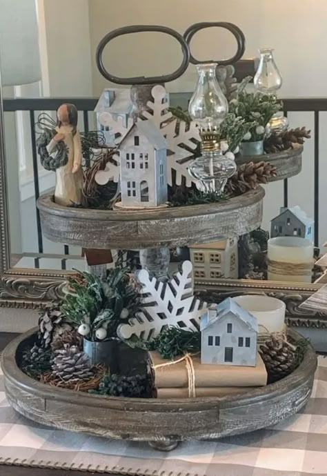 Winter Tray, After Christmas Decor, Winter Tiered Tray Decor, Tier Tray Ideas, Tiered Tray Decor Ideas, Tray Decor Ideas, Globe Crafts, Tray Decor Christmas, Tiered Tray Ideas