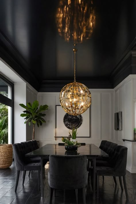 Black Ceiling Chic: 16 Designs to Inspire Your Bold Choice! (Plus Tips) - upgradesign.blog White Ceiling Black Walls, First Home Interior, Black Ceiling And Floor, Black Wall Trim Interior, Black Luxury Dining Room, High Gloss Black Ceiling, Black Painted Vaulted Ceiling, Low Ceiling Dining Room Ideas, Dining Room With Black Floors