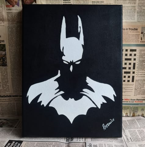 Batman Drawing Aesthetic, Batman Aesthetic Painting, Batman Paintings On Canvas, Easy Paintings Black And White, Bat Man Painting, Batman Acrylic Painting, Batman Painting Ideas, Batman Painting Easy, Batman Art Painting