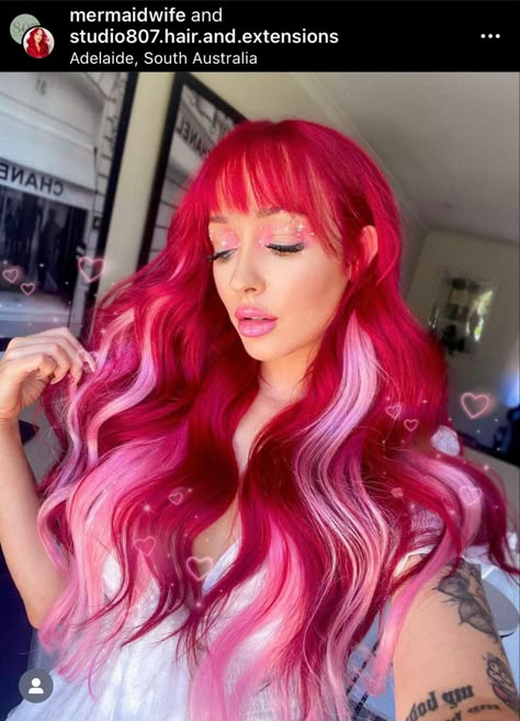 Red And Light Red Hair, Dark Pink With Light Pink Highlights, Red Hair With Hot Pink Highlights, Bright Red Hair With Pink Highlights, Red Vivid Hair Color, Dark To Light Pink Ombre Hair, Cool Vivid Hair Color, Red Hair Pink Peekaboo, Bright Pink Hair Dark Roots