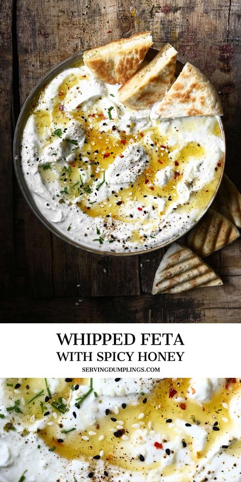 Whipped Feta Dip, Pasta Italiana, Feta Dip, Whipped Feta, Spicy Honey, Yummy Appetizers, Appetizer Snacks, I Love Food, Dumplings