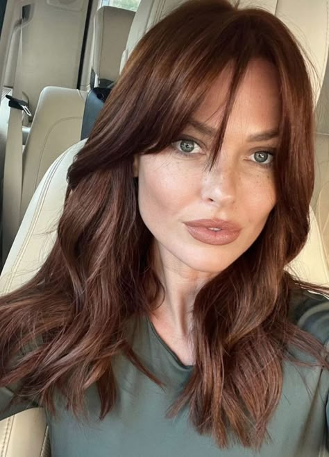 Copper Hair On Dark Brown Hair, Chocolate Shag Hair, Auburn Hair With Wispy Bangs, Fair Skin Auburn Hair, Medium Brown Reddish Hair, Brown Hair With Auburn Tint, Chestnut Copper Brown Hair, Auburn Glaze On Brown Hair, Brunette Red Hair Warm Browns