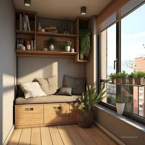 This refreshing apartment balcony creates a Zen-like atmosphere with its choice of blinds, plants, and cushioned bench. Cushioned Bench, Small Balconies, Storage Benches, Apartment Balcony, Storage Ideas, Fresh Air, Breathtaking Views, Balcony, Blinds