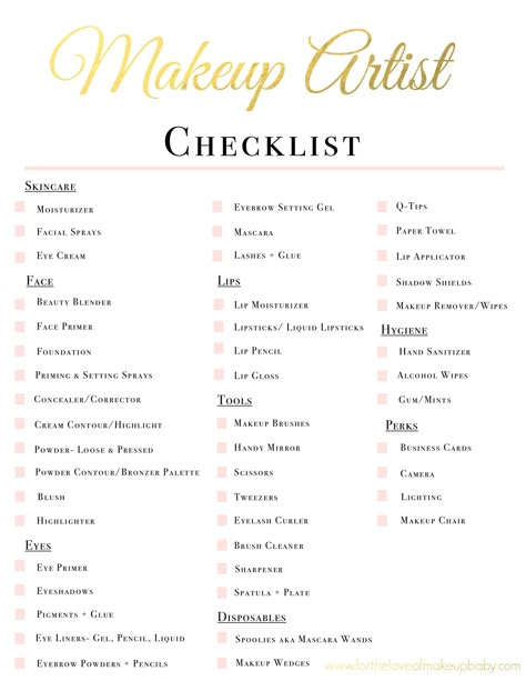 Makeup Artist Kit Checklist #makeupeasy Mua Checklist, Makeup Artist Starter Kit, Makeup Checklist, Makeup Artist Kit Organization, Freelance Makeup Artist Kit, Makeup Artist Kit Essentials, Mua Tips, Mua Business, Mua Kit