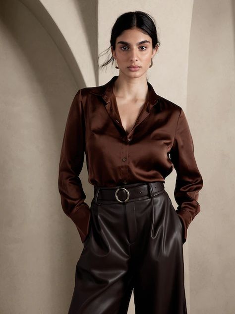 New Women's Clothes | Banana Republic Factory Satin Pants Outfit, Satin Shirt Outfit, Silk Shirt Outfit, Satin Blouse Outfit, Outfit Ideas December, Shirt Outfit Ideas, Satin Shirts, Stylish Blouse Design, Shirts Women Fashion