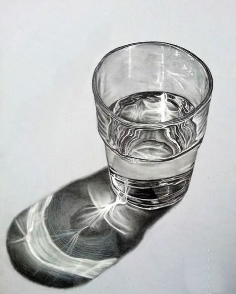 Water Pencil Drawing, Glass With Water, Drawing Water, Pencil Drawing Tutorials, Realistic Pencil Drawings, Water Drawing, Object Drawing, Glass Of Water, Still Life Drawing