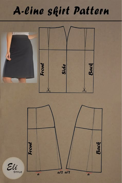 To draft A-line skirt, you can use basic skirt pattern and transfer darts. Draw slash lines and close them. Work Skirt Pattern, Darts In Skirts, A Shape Skirt Pattern, A Line Skirt Pattern Drafting, A Line Pattern Skirt, Basic Skirt Sewing Pattern, Skirt Pattern A Line, Sew A Line Skirt, A Line Skirt Tutorial