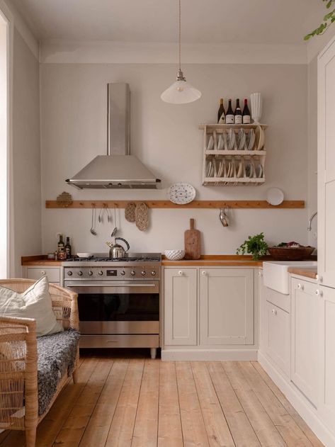 Elsa Billgren's Serene Stockholm Apartment is For Sale 10 Small Open Shelves Kitchen, Kitchens With Butcher Block Countertops, Scandinavian Farmhouse Style, Beige Kitchen Cabinets, Wood Countertops Kitchen, Small Seating Area, Kitchen Interior Ideas, Swedish Kitchen, Stockholm Apartment