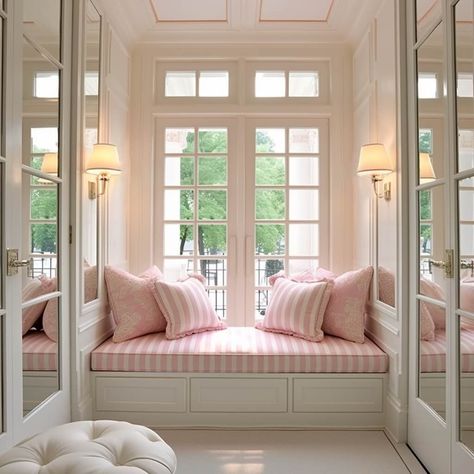 pink and white stripes on a dressing room window seat Dressing Room Window, Decorating With Pink, Striped Bedroom, French Fabrics, Paint Wallpaper, Striped Room, Pink Living Room, Serene Bedroom, Room Window