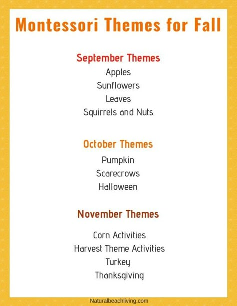 100+ Montessori Activities for Fall, Fall Themes, Fall Themes for Preschool, Montessori Monthly Themes, September Preschool Themes, October Preschool Themes and November Preschool Themes and Activities for Preschool and Kindergarten #fallthemes #fall #montessori #preschool #kindergarten #freeprintables #preschoolthemes Montessori Monthly Themes, Montessori Lesson Plans Template, November Themes For Preschool, Montessori Themes, November Preschool Themes, September Preschool Themes, October Preschool Themes, Montessori Lesson Plans, October Lesson Plans