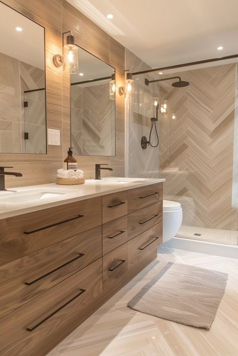 29 Bathroom Tile Design Ideas for a Fresh and Stylish Upgrade 13 Wood Like Tile Bathroom Wall, Shower Remodel Herringbone, Herringbone Wall Tiles Bathroom, Wood Look Tile Floor Bathroom Herringbone Pattern, Narrow Modern Bathroom, Wood Wall Tiles Bathroom, Beige Master Bath Ideas, Faux Wood Shower Tile, Cream And Wood Bathroom