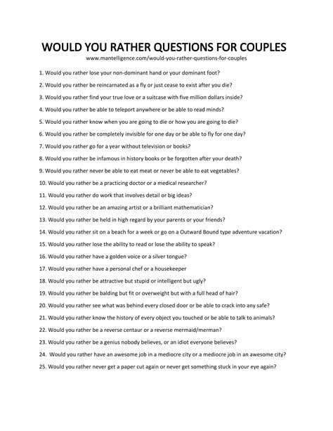 List of WOULD YOU RATHER QUESTIONS FOR COUPLES Would You Rather Funny, Random Questions To Ask Friends Funny, Would You Rather Couple Questions, Interesting Would You Rather Questions, Couples Would You Rather Questions, Who Is Most Likely To Questions Game Friends, Random Questions To Ask Funny, Deep Would You Rather Questions, Would You Rather Questions Funny