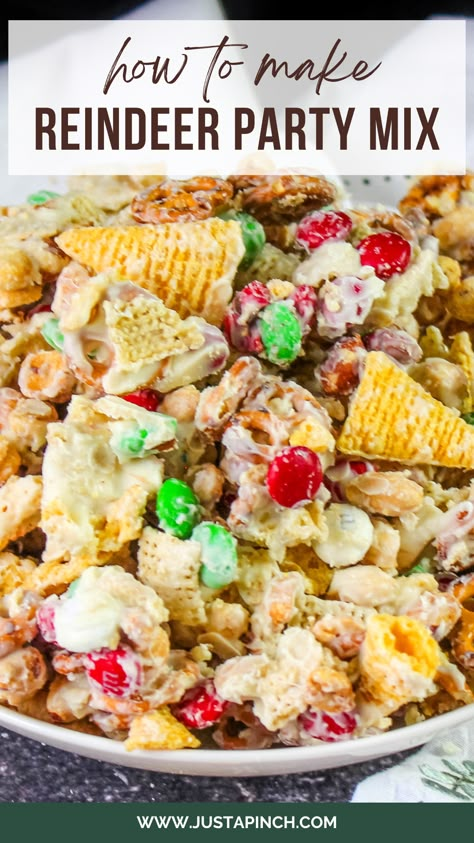 How to Make Christmas Reindeer Party Mix Christmas Chex Mix Almond Bark, Christmas Bugles Snack Mix Recipes, Christmas Popcorn Treats, Christmas Chex Mix Recipes Candy, White Chocolate Covered Chex Cereal, Chex Mix With Bugles Christmas, Party Mix With Bugles, Bugles Christmas Treat, Sweet And Salty Snack Mix Recipes White Chocolate