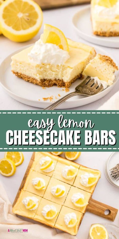 Made with fresh lemons, cream cheese, sour cream, and a graham cracker crust, these sweet and tangy lemon cheesecake bars are the perfect treat for anyone who loves lemon and cheesecake! Easy Lemon Cheesecake, Lemon Cream Cheese Bars, Cheesecake Bar, Chocolate Oatmeal Bars, Cheese Bars, Spring Recipes Dessert, Lemon Cheesecake Bars, Cream Cheese Bars, Lemon Cheese