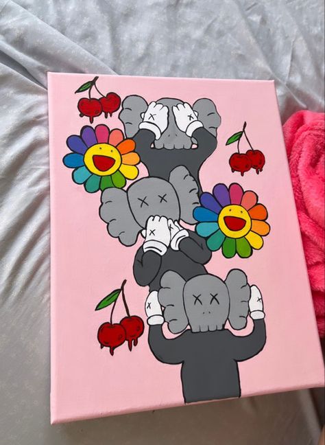 Pics To Paint On Canvas, Kaws Wall Painting, Klaws Painting Canvas, Things To Draw On Canvas, Cute Canvas Ideas, Kaws Painting Ideas On Canvas, Kaws Canvas Painting, 90s Painting Ideas, Canvas Drawing Ideas