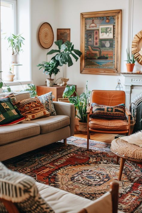 Mixed Living Room Furniture, Boho Living Room Leather Couch, Mid Century Decor Living Room, Midmod Boho, Living Room Rug Ideas, Sala Vintage, Living Room Design Boho, Room Rug Ideas, Cozy Boho Living Room