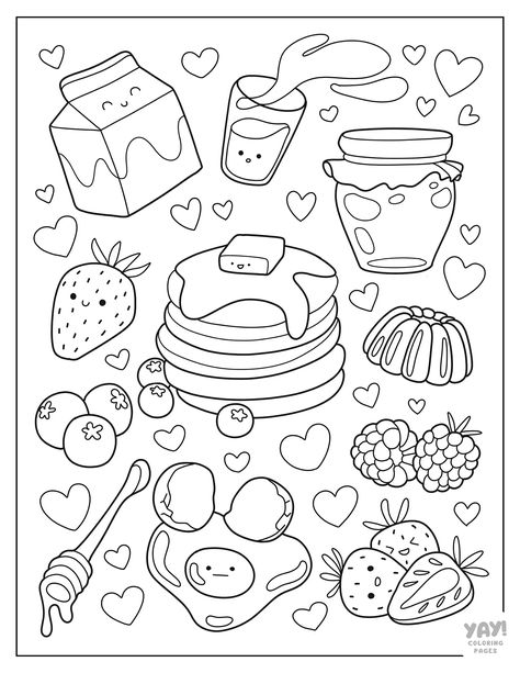 Kawaii food with pancakes Kawaii Coloring Pages Free Printable, Kawaii Coloring Pages, Hello Kitty Colouring Pages, Food Coloring Pages, Kitty Coloring, Coloring Pages Free Printable, Hello Kitty Coloring, Easy Coloring Pages, Easy Doodles Drawings