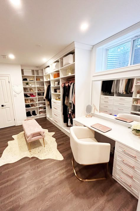 Walk In Closet And Dressing Room, Room As Walk In Closet, Bedroom To Walk In Closet Conversion, Seating In Closet, Glam Get Ready Room, Wardrobe Room With Vanity, Walk In Closet Room Ideas Bedrooms, Big Closet With Vanity, Walk In Closet With Sitting Area