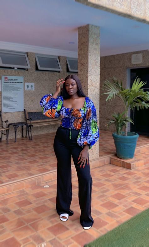 African Tops For Women With Jeans, Wrap Crop Top Outfit, Ankara Blouse Styles For Jeans, Ankara Shirts Women, Simple Ankara Top Styles, Ankara Tops Blouses, Classy Style Outfits, Ankara Top Styles, Ankara Blouses