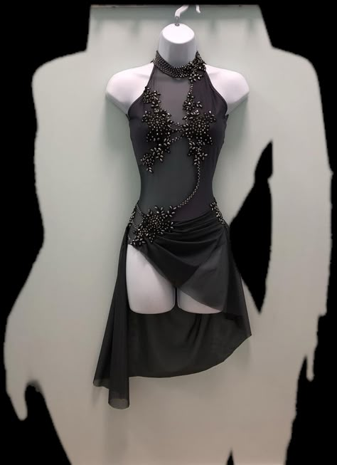 Contemp Dance Costume, Cool Dance Costumes, Black Lyrical Dance Costumes, Lyrical Dance Costumes Solo, Dance Performance Outfits, Black Dance Costumes, Baton Twirling Costumes, Solo Dance Costumes, Twirling Costumes