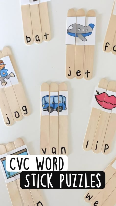 Diy Literacy Activities Preschool, Sen Learning Activities, Creative Phonics Activities, Spelling Art Activities, Language Art Preschool Activities, Jolly Phonics Games Ideas, Cvc Sensory Activities, Creative Language Activities, Popsicle Stick Phonics