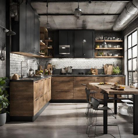 Earthy Kitchen, Modern Industrial Kitchen, Industrial Kitchen Design, Loft Kitchen, Industrial Style Kitchen, Inside Decor, Rustic Modern Kitchen, Industrial Kitchen, Stunning Kitchens