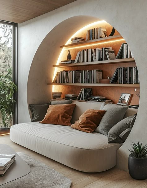 Cozy, Creative, and Functional: The Appeal of Built-In Reading Nooks — Living Bright Interiors Living Library Ideas, Shelf Nook Ideas, Reading Room Interior Design, Built In Bookshelves Around Sofa, Interior Library Design, Built In Reading Nook In Living Room, Home Library With Couch, Home Reading Nook Ideas, Living Room Nook Ideas Built Ins