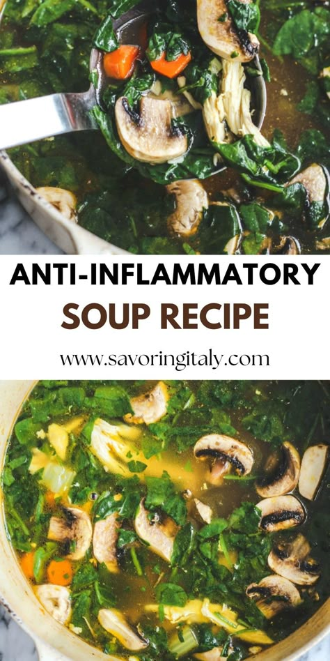 This anti inflammatory soup is packed with nutrients and warming spices, making it perfect for a winter's night. With its fresh flavor and comforting texture, this soup is sure to be a hit at your next dinner party. Rich in antioxidants and minerals, this delicious soup will help boost immunity and reduce inflammation. Enjoy! Soup For Inflammation, Soup For Bronchitis, Soup For Head Cold, Crockpot Soup For Sickness, Detox Soups For Inflammation, Anti Immflamatory Soups, Pregnancy Soup Recipes, Anti Inflammation Soup Recipes, Fertility Soup