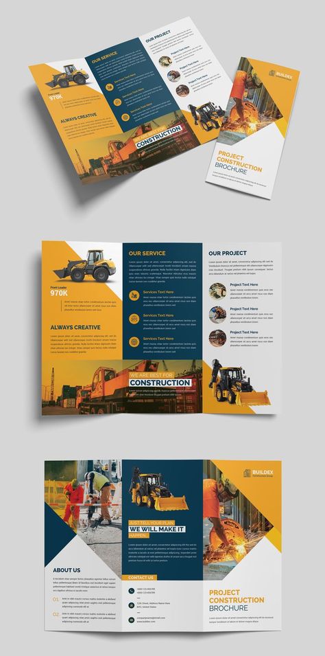 This Construction Trifold Brochure Template is for your business purpose or other sectors. All elements are well organized, so you can easily import your information. 6 Page Brochure Design, Best Trifold Brochure Design, Sophisticated Brochure Design, Business Brochure Design Templates, Business Trifold Brochure, Brochures Design Ideas, Trifold Brochure Design Layout Creative, Broshour Design, Flyers Design Layout