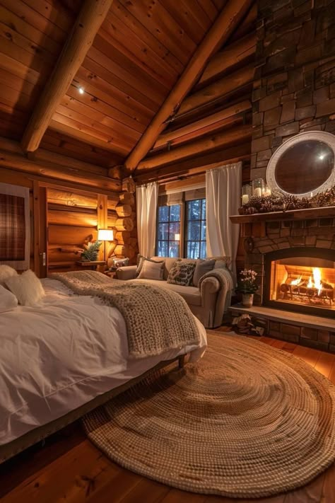 Winter Lodge Bedroom, Dream Home Cabin, Modern Chalet Bedroom, Country House Master Bed, Ski House Bedroom Cozy, Cute Cabin Decor, Pretty Home Interior, Mountain Room Ideas, Interior Rustic Design Ideas