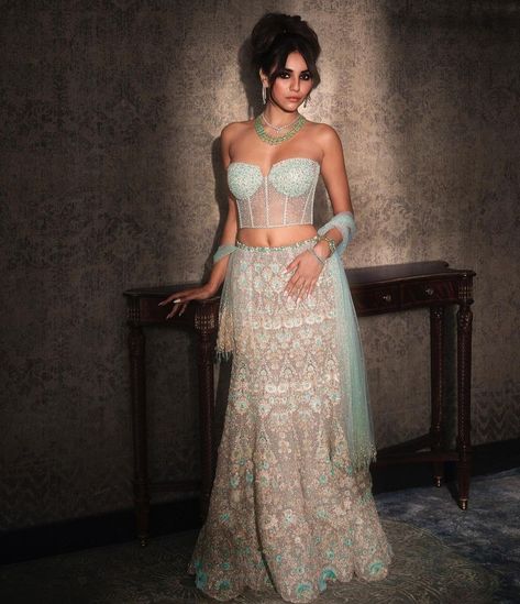 Corset Lehenga, Corset Photography, Radhika Seth, Embellished Corset, Emerald Green Prom Dress, My Core, Lehnga Dress, Lehenga Blouse Designs, Long Skirt Outfits