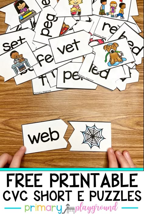 Come gra bthese Free Printable CVC Short E Puzzles to help the kiddos review. It's always a bonus when the students are getting practice but don't even realize it!. Short E Worksheets Free, Diy Cvc Word Activities, Cvc Puzzles Kindergarten, Free Printable Cvc Word Mat, Cvc Puzzle, Free Cvc Word Activities, Cvc Word Puzzles Free, Cvc Centers For Kindergarten Free, Cvc Activities Kindergarten