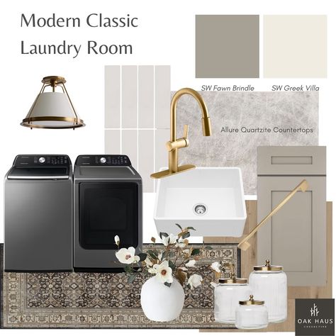 ✨Done-for-you Design | Modern Classic Laundry Room If you are looking for a darker warm griege cabinet color @sherwinwilliams Fawn Brindle is where it’s at! Paired with a warm white like SW Greek Villa and gold pulls, I am loving the classic look with a touch of moodiness. To shop this space and all my designs: ➕Comment “SHOP” and I’ll DM you the links! ➕Download the @shop.Itk app or visit the website www.shopltk.com ➕Head to the link in bio Then search for Oak Haus Collective to view ... Laundry Room With Gold Accents, Black White Gold Laundry Room, Taupe Laundry Room Cabinets, Greige Laundry Room, Laundry Room With Black Washer And Dryer, Taupe Laundry Room, Dark Laundry Room Ideas, Gold Laundry Room, Classic Laundry Room