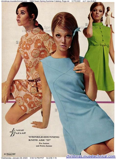 1968 Sears Spring Summer Catalog, Page 44 - Christmas Catalogs & Holiday Wishbooks Vintage Fashion 1960s Retro, Colleen Corby, Fashion 60s, 60’s Fashion, Decades Fashion, Vintage Catalog, 1960s Dresses, 1960 Fashion, Sears Catalog