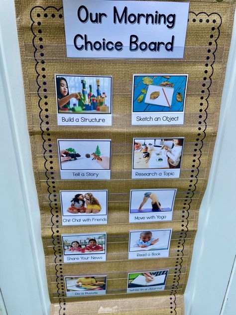 Discover active and alternative ideas to morning work to create a soft start to your day. Use a morning choice board during arrival time to give preschool, kindergarten, and first grade children open-ended choices to start their day. Activities include building, sketching, yoga, writing news, reading books, puzzles, writing in a journal, telling a story and more. For easy set up, place materials in tubs or bins and set them on tables for kids to enjoy upon entering the classroom each morning. Morning Choice Activities, Morning Arrival Activities Preschool, Reggio Kindergarten Activities, Morning Work Choice Board, Kindergarten Choice Time, Writing Center Set Up Kindergarten, Preschool Choice Board, Morning Soft Start Ideas, Choice Time Activities