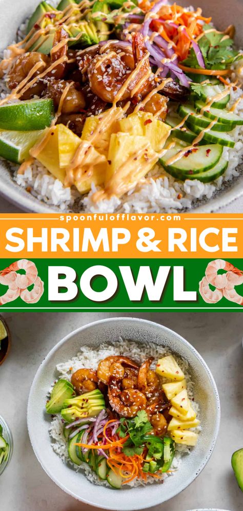 Here's one of the best dinner ideas for the family! This Shrimp and Rice Bowl starts with teriyaki-style shrimp served over a bed of rice. Pin this delicious weeknight meal! Shrimp Bowl With Cauliflower Rice, Thai Peanut Shrimp Rice Bowl, Scallop Rice Bowl, Shrimp Power Bowl Recipe, Hawaiian Shrimp Bowl, Prawn Bowl Recipe, Shrimp Asian Bowl, Shrimp Teriyaki Bowl, Bang Bang Shrimp Rice Bowl