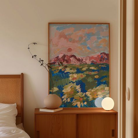 Wildflower Mountain Landscape Print Painting Above Bed Ideas, Art Over Bed Ideas, Bedroom Canvas Ideas, Art Behind Couch, Wildflower Mountain, Large Horizontal Wall Art, Art Bedroom Aesthetic, Bedroom Art Ideas, Painting Above Bed