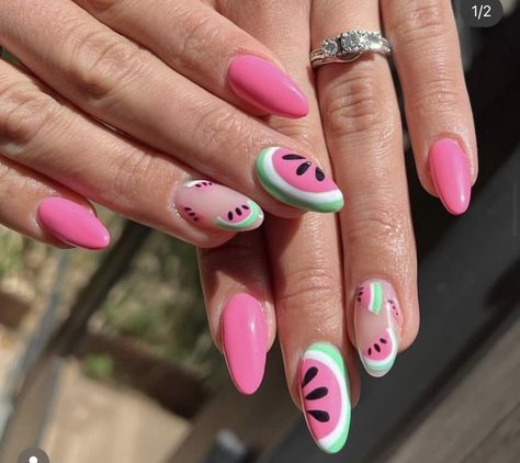 Cute Funky Nails Summer, Watermelon Nail Designs, Watermelon Nail, Watermelon Nail Art, Fresh Manicure, Fruit Nails, Food Nails, Rainbow Nail Art, Rainbow Nail