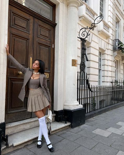 Daphne Blunt | call me sherlock 🐇☁️✨🎩🌼🫧🫖 | Instagram Thigh High Socks Outfit Aesthetic, Thigh High Socks And Skirt, White Knee High Socks Outfit, Knee High Socks Outfit Aesthetic, Outfits With Thigh High Socks, Thigh Highs And Skirt, Thigh High Socks Outfit, Knee High Socks Outfit, High Socks Outfits