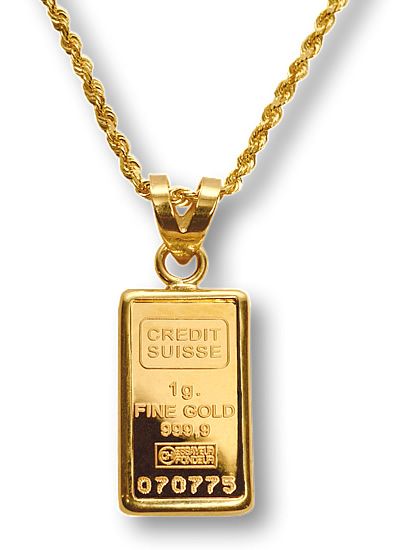 Credit Suisse 1G Gold Bar Necklace Unique Gold Pendant For Men, Silver Coin Jewelry, Gold Pendants For Men, Lingot D'or, Gold Bar Pendant, Gold Bullion Bars, Credit Suisse, Small Bar, Gold Chain Design