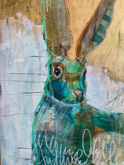 Happy Hare (sold) | 2023 Rebecca Haines, Rebecca Sower, In A Funk, Abstract Art Images, Art Alevel, Bunny Painting, Rabbit Painting, Wildlife Artwork, Collage Art Projects