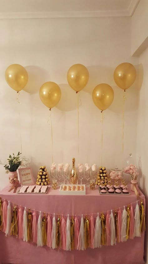 Pink And Beige Birthday Party, Gold And Pink Theme Party, Pink And White And Gold Birthday Party, Pink Gold Birthday Theme, Pink Gold And White Graduation Party, Pink And Gold Birthday Party Women, Birthday Party Decorations Pink And Gold, Graduation Party Rose Gold, Sweet 16 Party Ideas Themes Pink And Gold